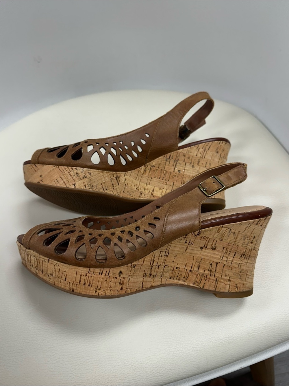 Nicole Brown Leather Cutout Cork Wedge Slingback Sandals Size 7M